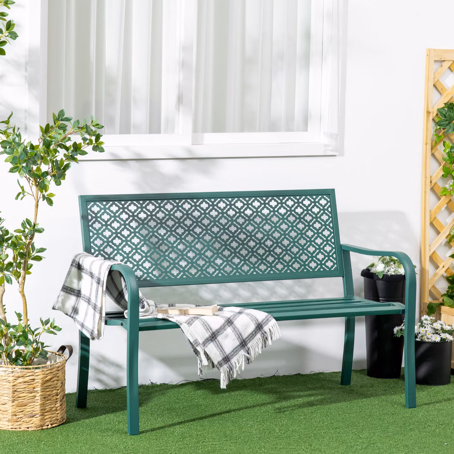 Panca da giardino Outsunny in acciaio con schienale floreale per 2 persone, colore verde scuro, L: 127 cm, P: 63 cm, H: 83 cm – 2