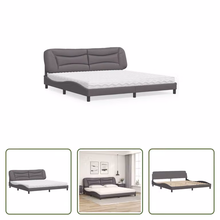 The Living Store Letto con materasso grigio 200x200 cm in ecopelle