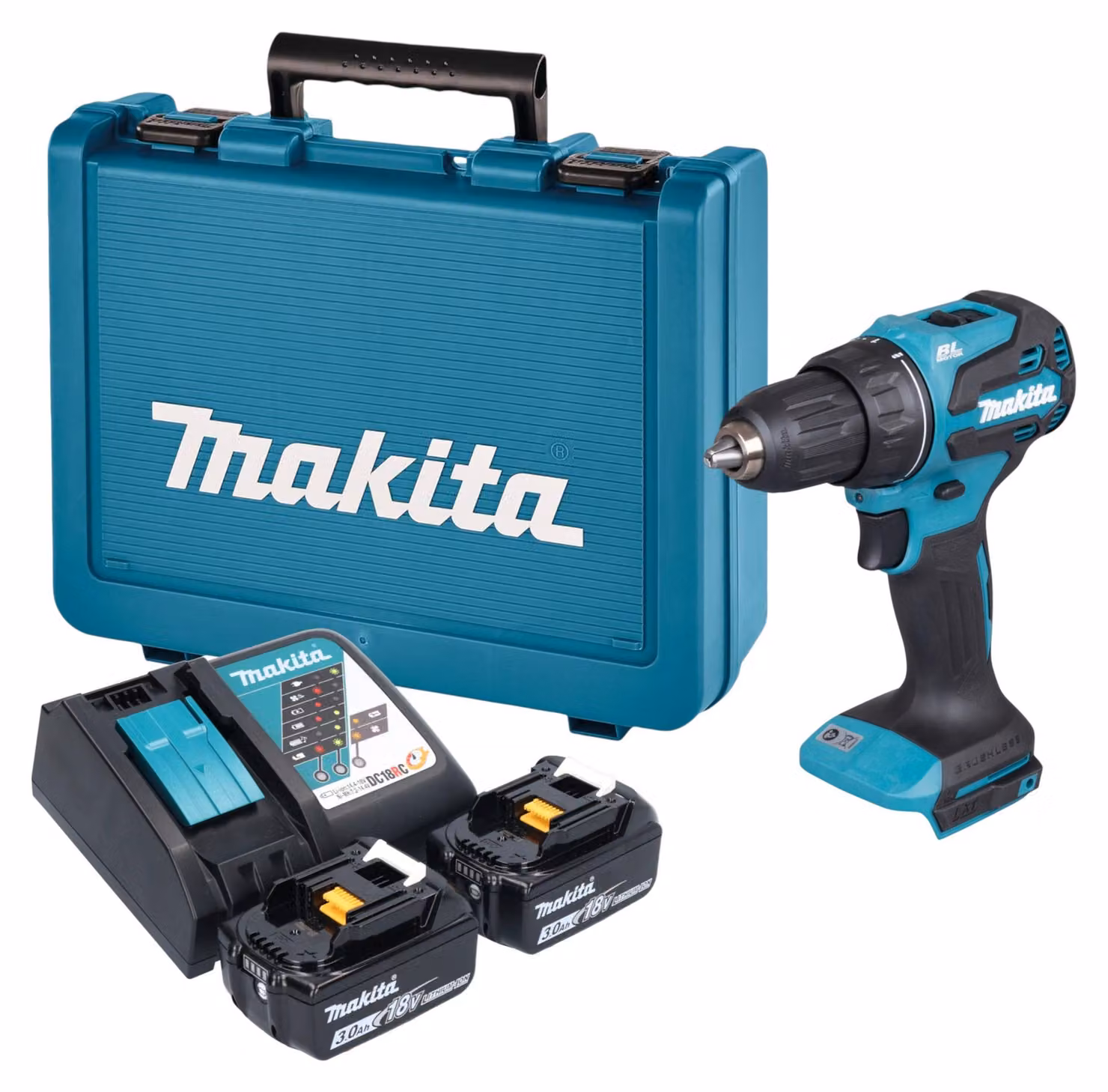 Trapano avvitatore a batteria Makita DDF 490 RFE 18 V 65 Nm brushless + 2 batterie da 3,0 Ah + caricabatterie + valigetta