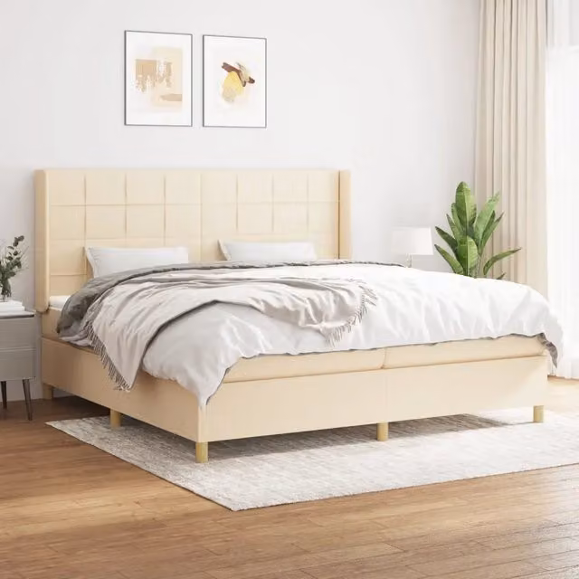 Letto Ibrido vidaXL con Giroletto a Molle e Materasso in Tessuto Beige e Bianco L/P/H: 200 x 203 x 128 cm