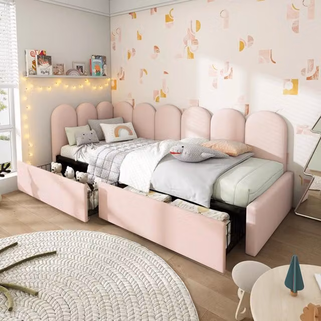 Letto imbottito 90x190 cm con cassetti portaoggetti; divano letto e letto diurno; molla a doghe; velluto; rosa