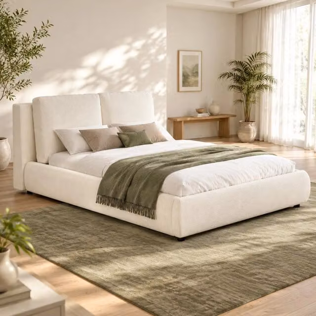 Letto matrimoniale ULEVR 180x200 cm con vano contenitore sollevabile, rete a doghe e testiera imbottita Boucl¨¦ beige