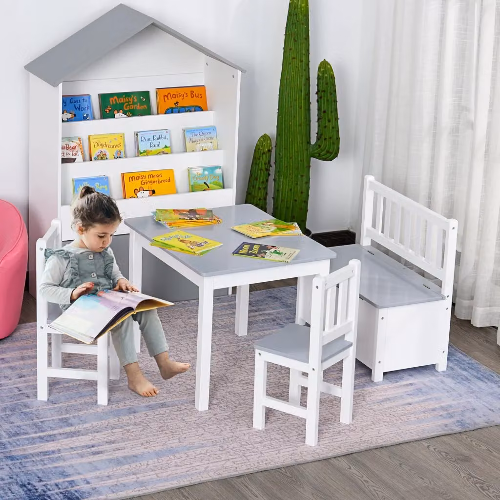 Set Tavolo per Bambini GIORDANOSHOP con 2 Sedie e Cassapanca in Legno di Pino, Bianco e Grigio – 2