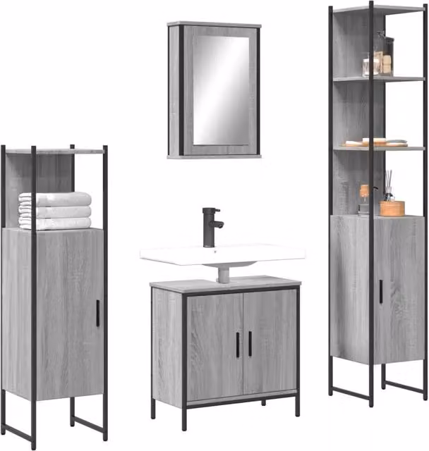 Set Mobili da Bagno 4 pz Grigio Sonoma in Legno Multistrato 3214833