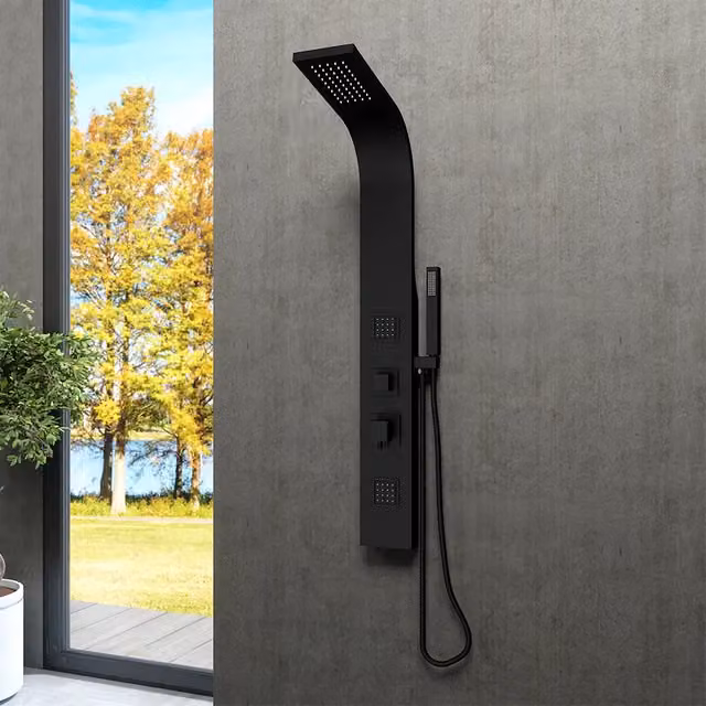 Pannello doccia Jog in acciaio nero opaco con 3 funzioni, doccino e flessibile, L: 14 cm, H: 113 cm