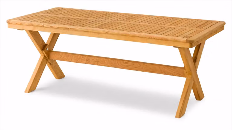 Tavolo da giardino, confortevole, in legno, dal design naturale e senza tempo, ideale per l'uso all'aperto, su terrazze o giardini