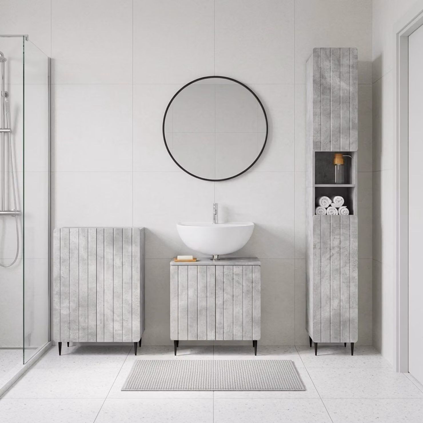 Set di armadietti da bagno moderni vidaXL ZWOLLE in 3 pezzi, Grigio, con ripiani interni e ante a cerniera