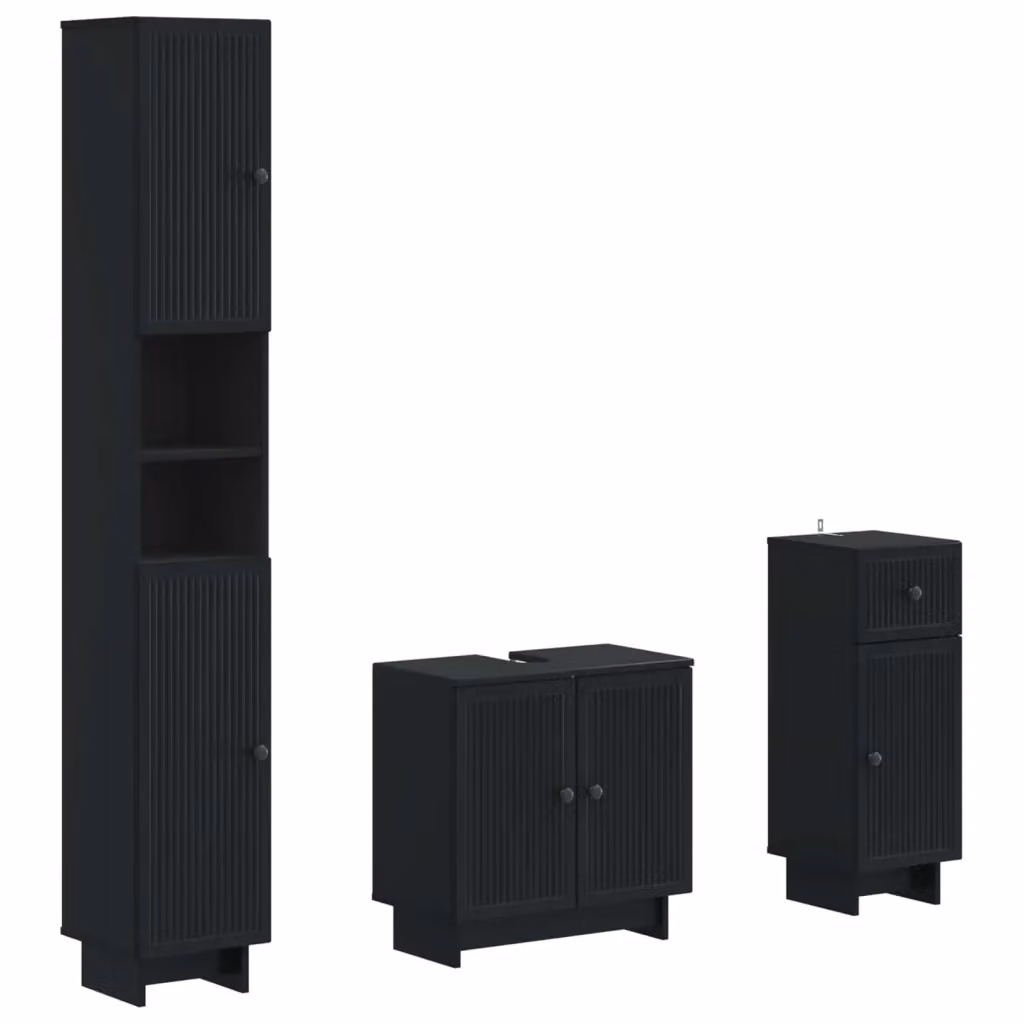 Set di 3 mobili da bagno vidaXL in legno nero opaco con armadietto alto, mobile sottolavabo e mobile laterale – 2