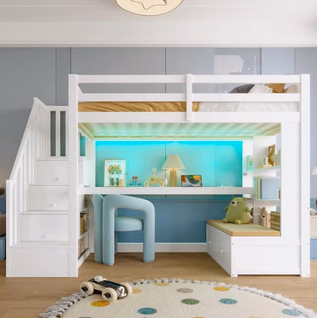 Letto a castello 90x200 cm in legno massello con scrivania, scaffali, cassetti integrati e scala contenitore bianco