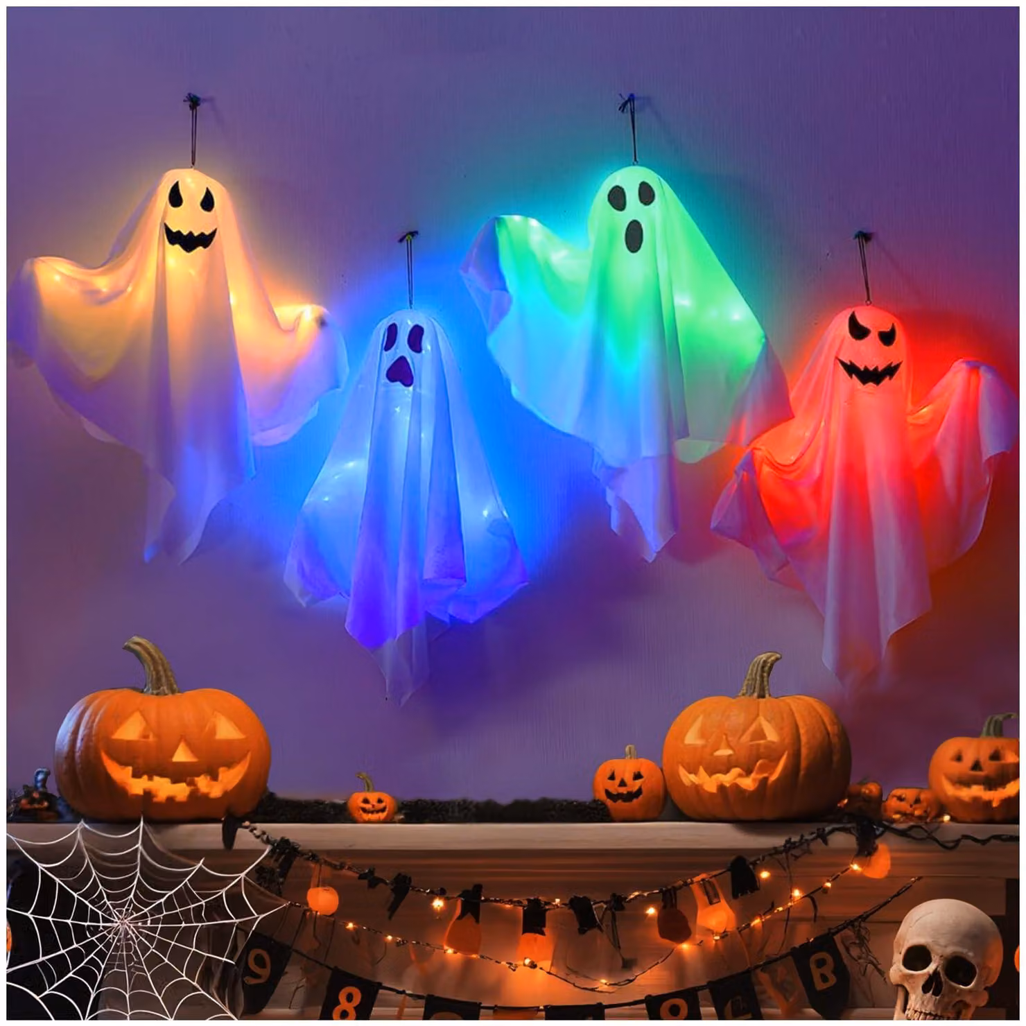 4 fantasmi di Halloween con luci LED, da appendere, luminosi, ideali per feste e giardini