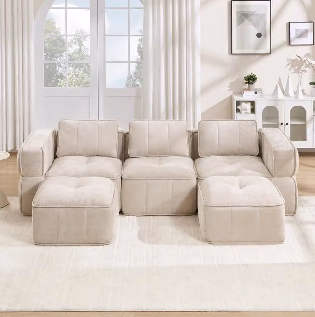 Divano modulare a U 3 posti con 2 pouf in poliestere beige; senza struttura