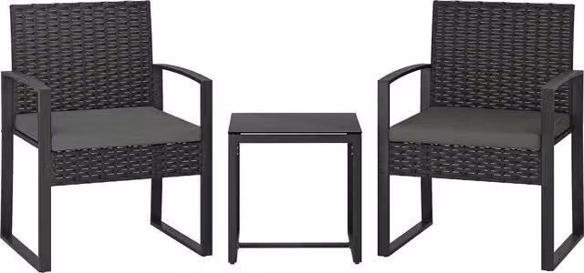Set bistro da giardino Outsunny in rattan 3 pezzi con 2 sedie e tavolino, cuscini rimovibili, grigio scuro – 1