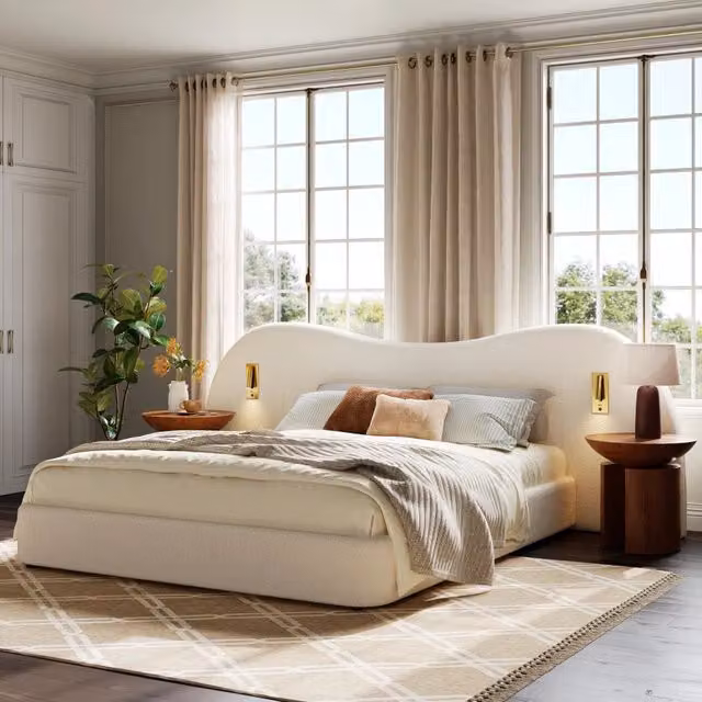 Letto contenitore imbottito 180x200 cm; sollevamento idraulico; USB; lampada da lettura; rete a doghe; testiera imbottita; boucl ; bianco