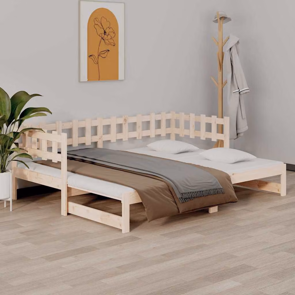 vidaXL Dormeuse Estraibile in Legno di Pino Massello con Doghe Fisse e Rivestimento in Tessuto, L/P: 90 x 200 cm