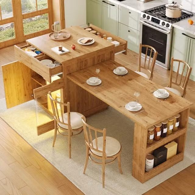 Isola Cucina con Tavolo Estraibile e Cassetti ¨C Xylo ¨C Rovere, LED, Vetro