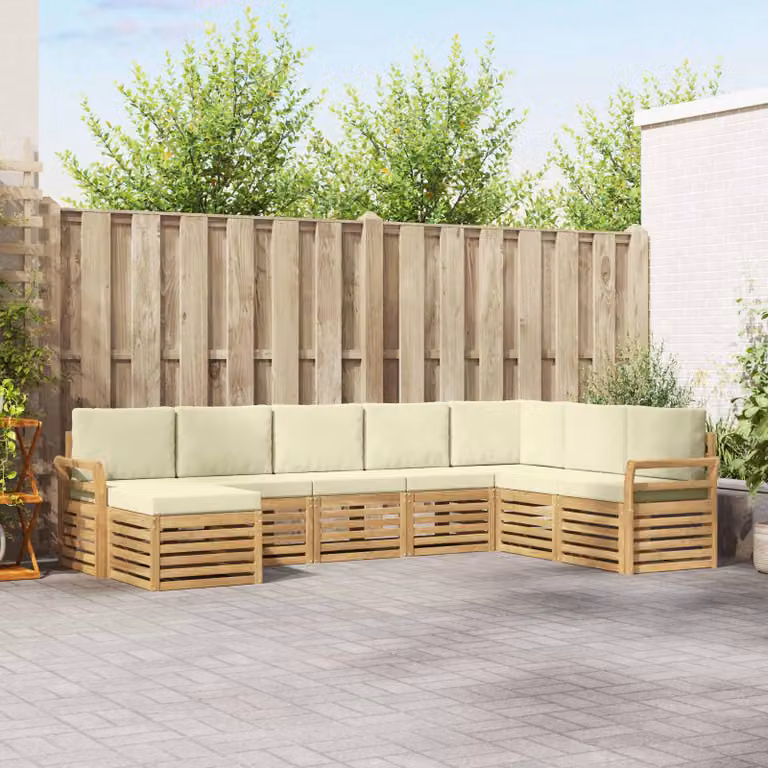 vidaXL Set di divani da esterno a L composto da 8 pezzi in legno di acacia con cuscini in poliestere bianco e beige
