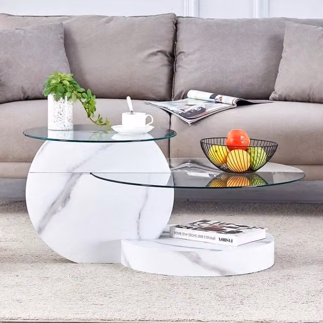Tavolino da Caff¨¨ in Vetro Temperato e MDF ¨C MINIMAL ¨C Effetto Marmo Bianco, Design Moderno