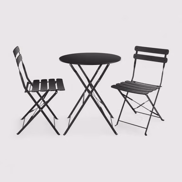 Pequi - Set tavolino e 2 sedie pieghevoli nere per balcone