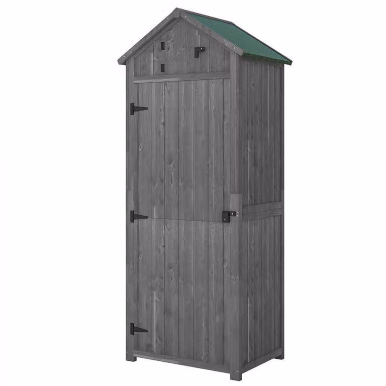 Outsunny Armadio da giardino con ripiani, tetto in asfalto, legno, grigio