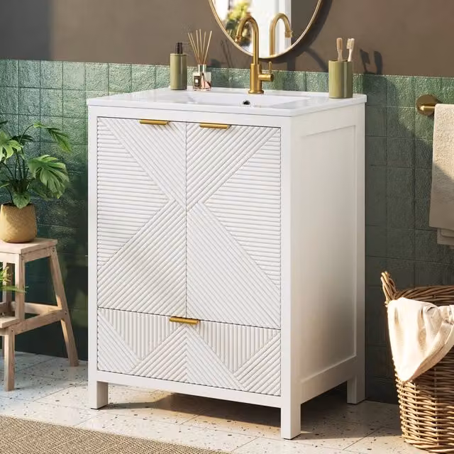 Mobile bagno da terra 61 cm con lavabo in ceramica, texture a onde, cerniere soft-close, ripiani interni fissi e cassetti, senza rubinetto, bianco