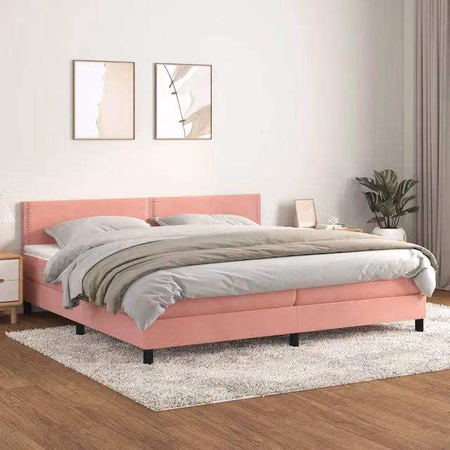 Letto Ibrido vidaXL con Giroletto a Molle e Materasso in Velluto Rosa e Bianco L/P/H: 200 x 200 x 31 cm