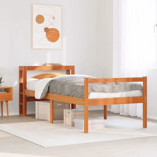 Giroletto con Testiera-Letto con Testiera Marrone Cera 75x190 cm Massello Pino
