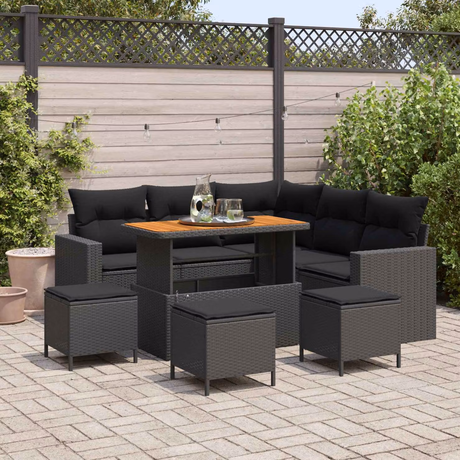 Set Divano da Giardino vidaXL a Forma di L con 10 Pezzi, Nero, con Cuscini e Tavolino da Esterno – 1