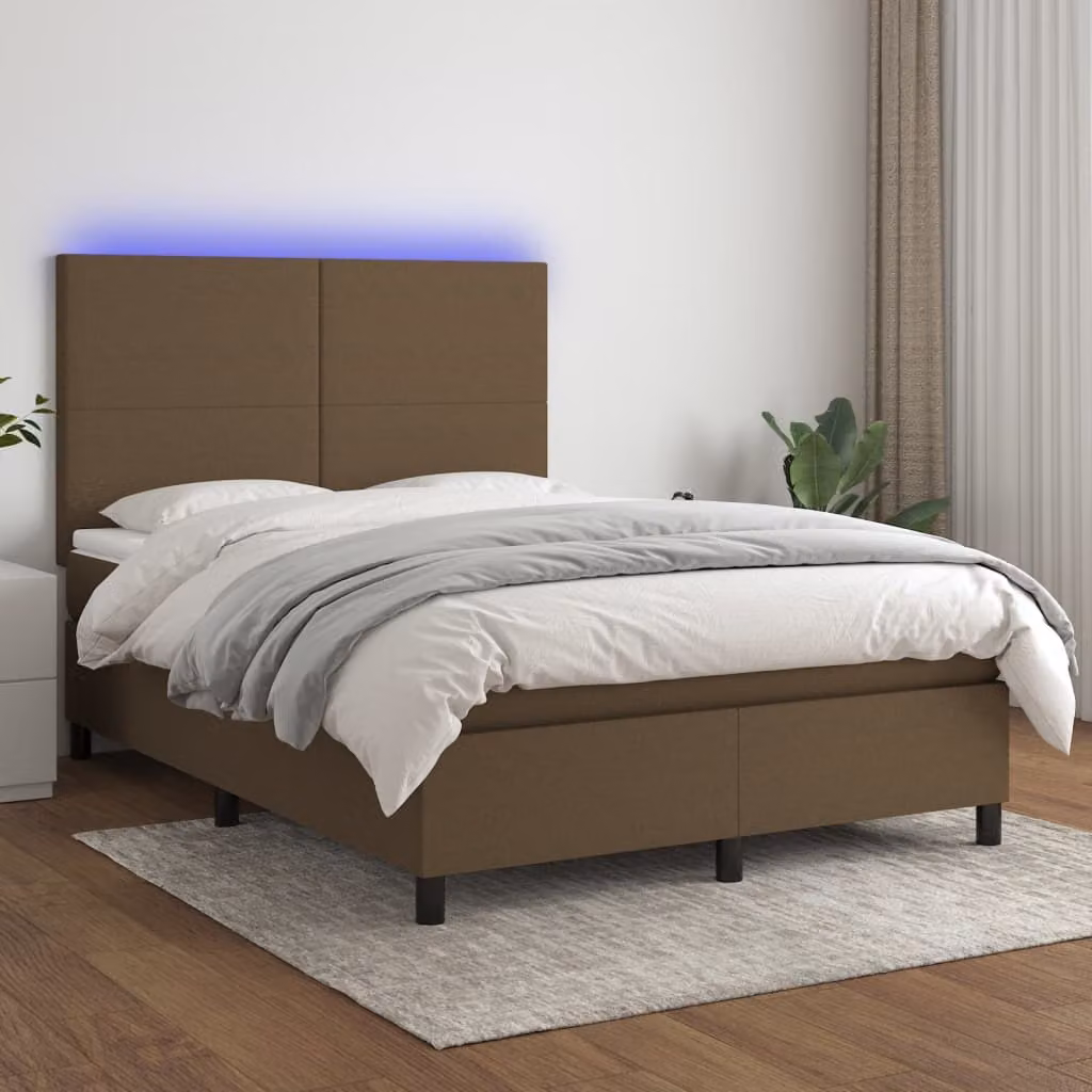 The Living Store Letto a molle con materasso e LED in tessuto marrone scuro 140x200 cm