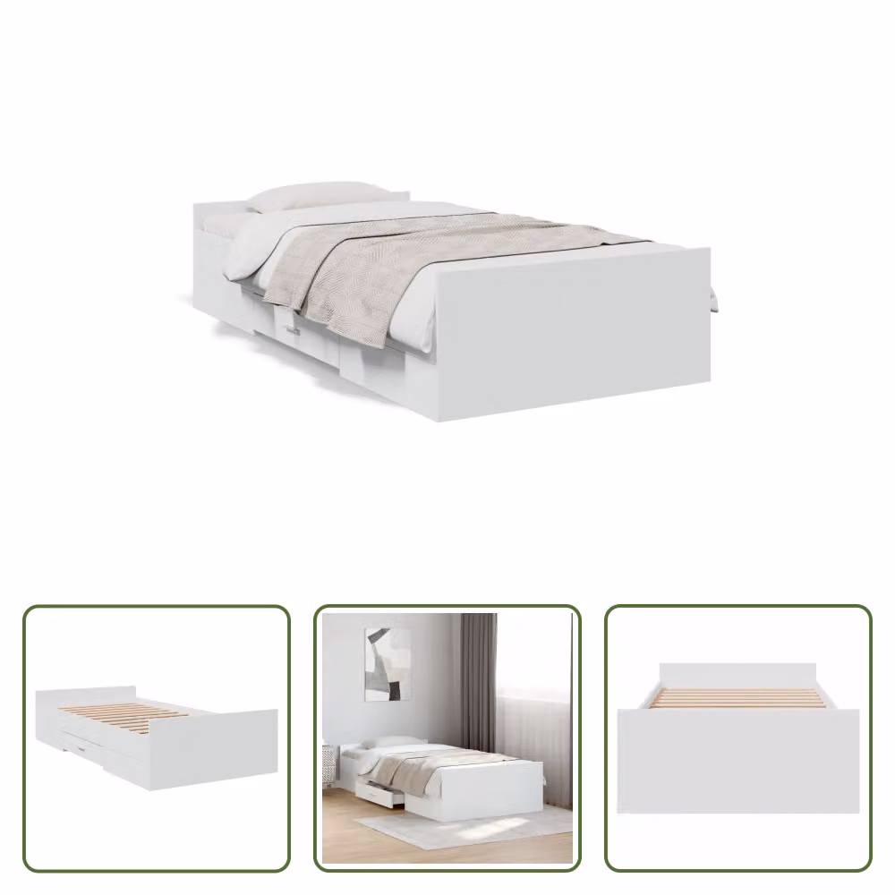 The Living Store Giroletto con cassetti bianco 90x200 cm in materiale ligneo