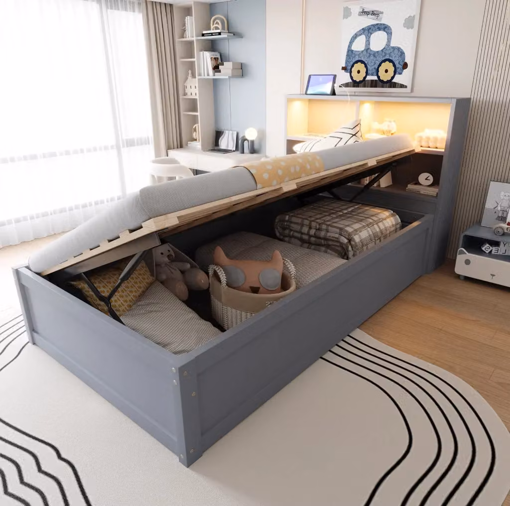 Letto multifunzione MODFU in legno e tessuto grigio con illuminazione LED, porta USB e 4 vani contenitore, L/P: 90 x 200 cm – 2
