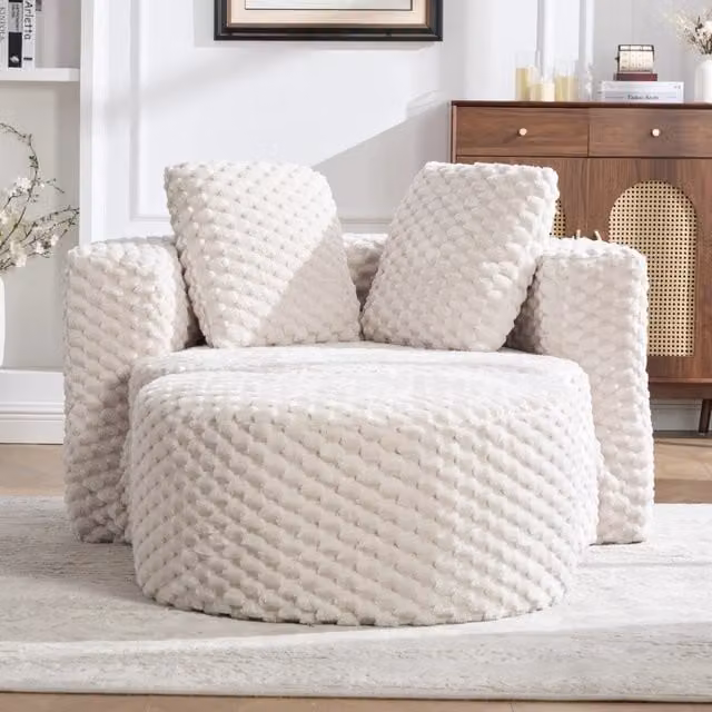 Poltrona moderna in tessuto beige REDOM con poggiapiedi L: 129 cm, P: 116 cm, H: 65 cm