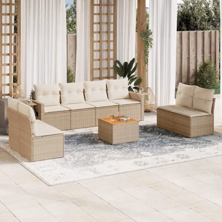 vidaXL Set Divano da Giardino 9 pz in Polyrattan con Cuscini Beige e Tavolino da Esterno