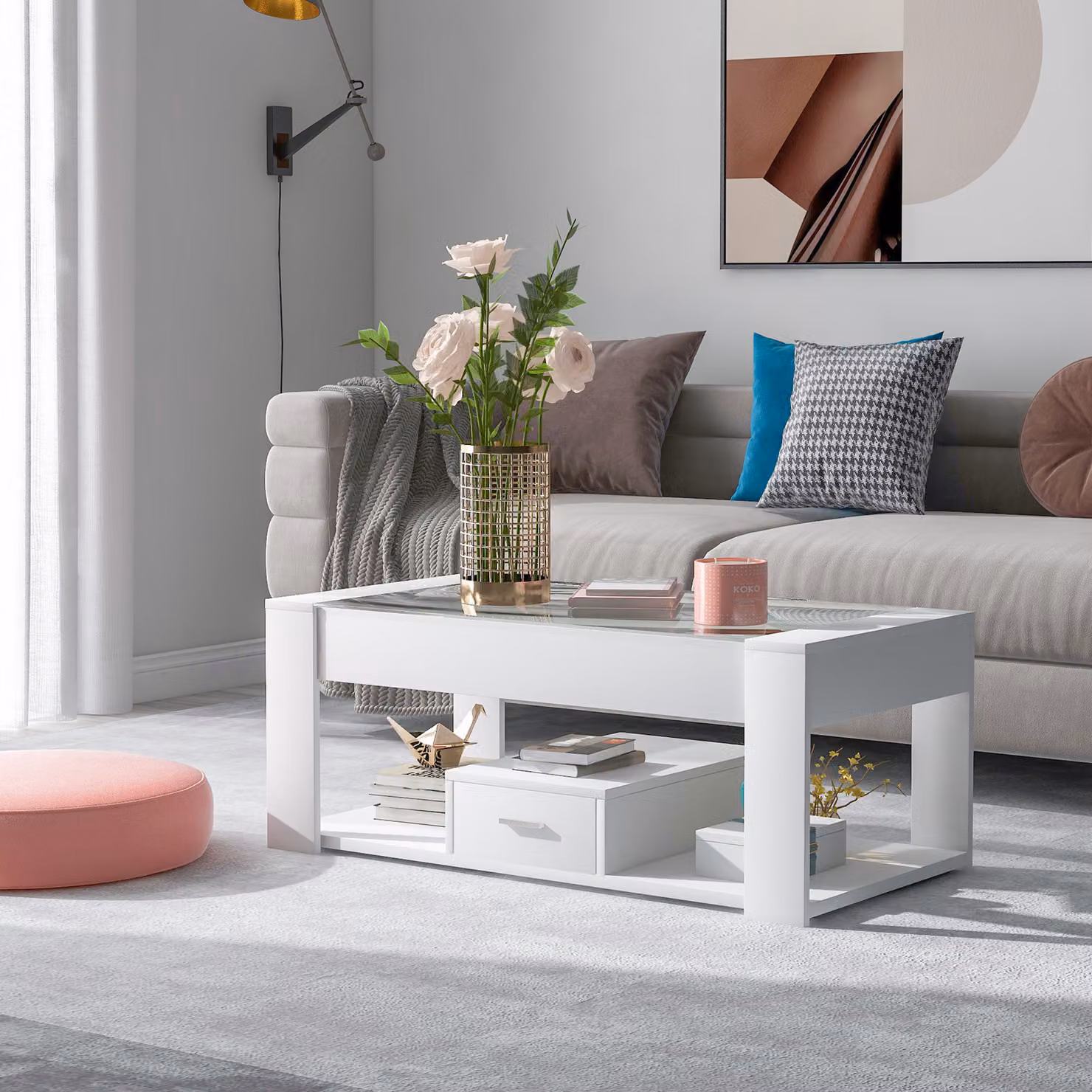tavolino okwish 100 x 50 x 40 cm con piano in vetro, armadietti e spazio di archiviazione, bianco