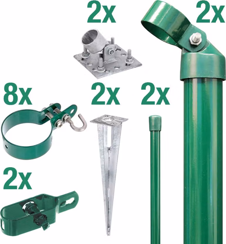 Alberts 601324 Set di collegamento per cancello in filo metallico e recinzione in rete metallica, set, 2s, zinco-fosfatato verde, con manicotto di fissaggio a terra, Ø del cancello: 76 mm, altezza della recinzione: 1250 mm