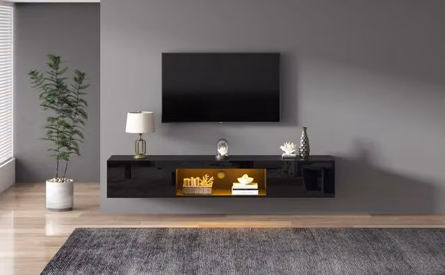 Mobile TV a parete Minimal con luci LED integrate in nero lucido, L 160 cm x P 31 cm x H 22 cm