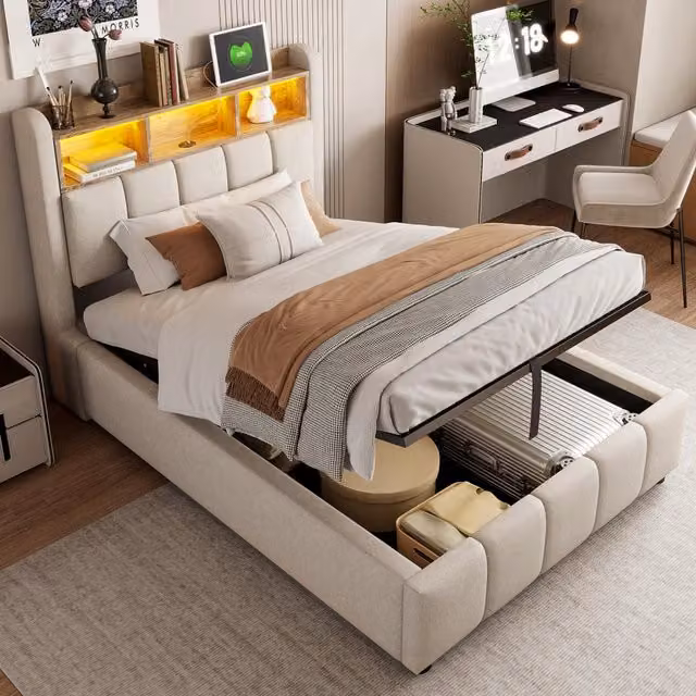 Letto singolo 90×200 cm con vano idraulico, LED regolabili, USB e Type-C, senza materasso, in lino beige