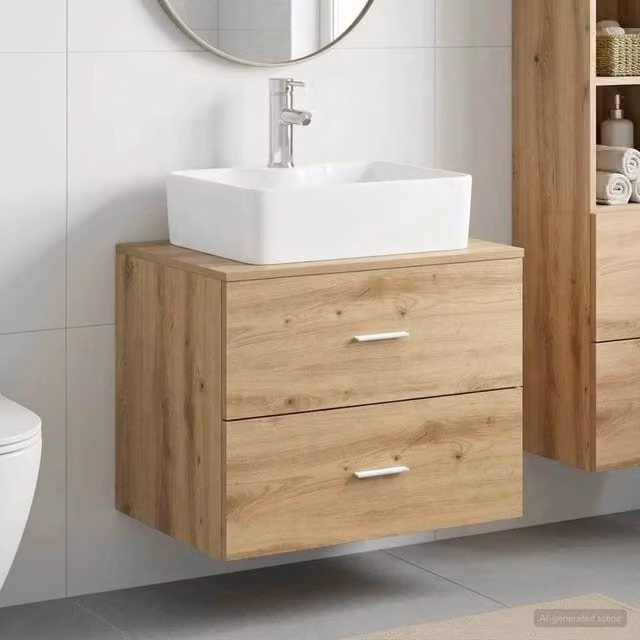 Mobile lavabo da bagno moderno vidaXL in legno marrone con cassetti e ante, sospeso, L: 62,5 cm, P: 44,5 cm, H: 50,0 cm