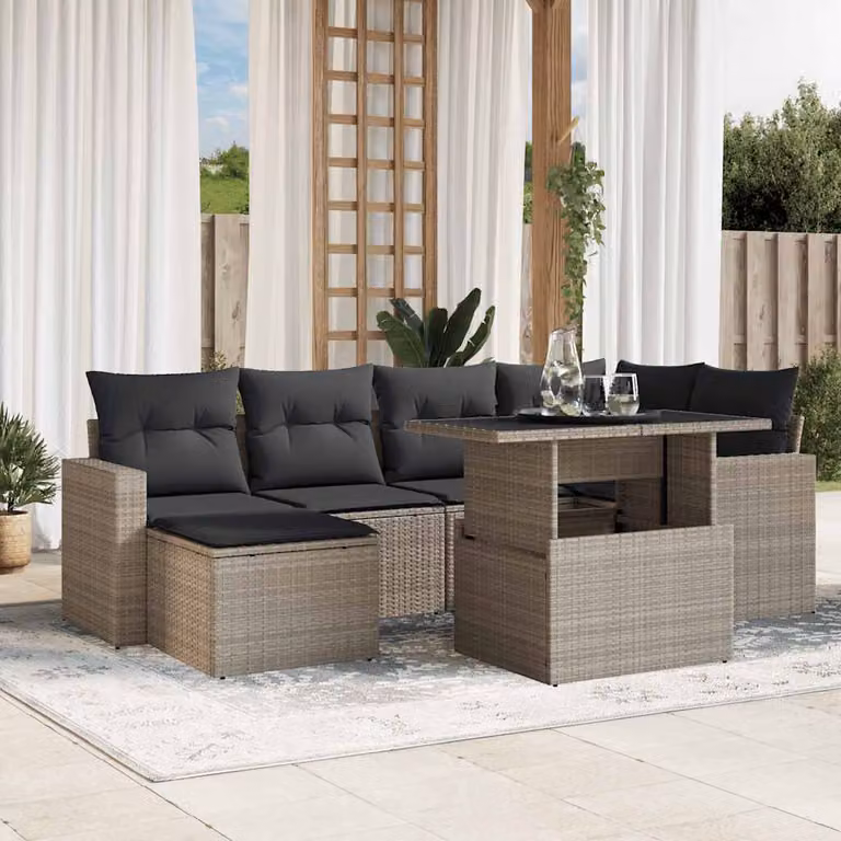 vidaXL Set Divani da Giardino 7pz a Forma di L in Polyrattan con Cuscini Grigio Antracite e Tavolino