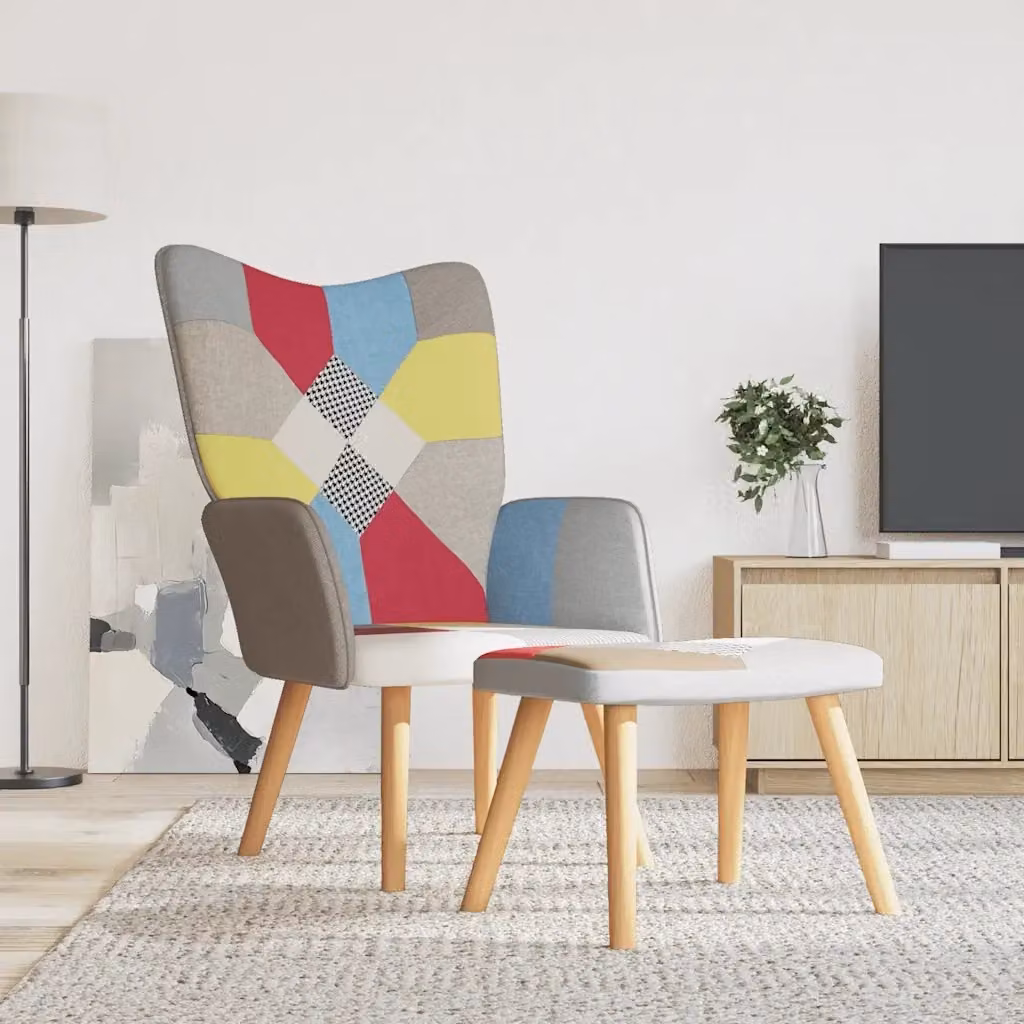 Poltrona Relax Moderna con Poggiapiedi Integrato in Tessuto Patchwork Multicolore con Design Astratto – 2