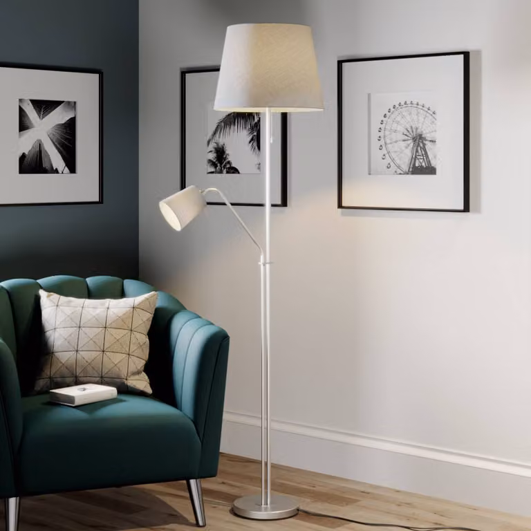 Lampada da terra Nantwin Lindby, Alluminio / Grigio / Zincato, Soggiorno / Sala da pranzo, Tessuto / Stoffa / Seta, Moderno, Lampada da terra