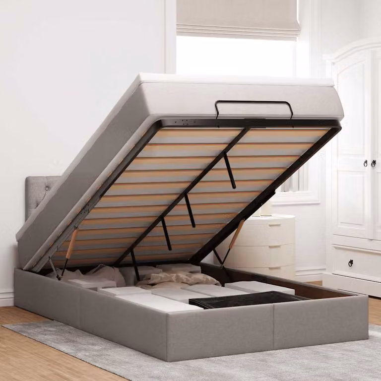 Letto con contenitore a sollevamento e materasso vidaXL in tessuto, L/P/H: 200 x 120 x 88 cm, colori beige, bianco o grigio