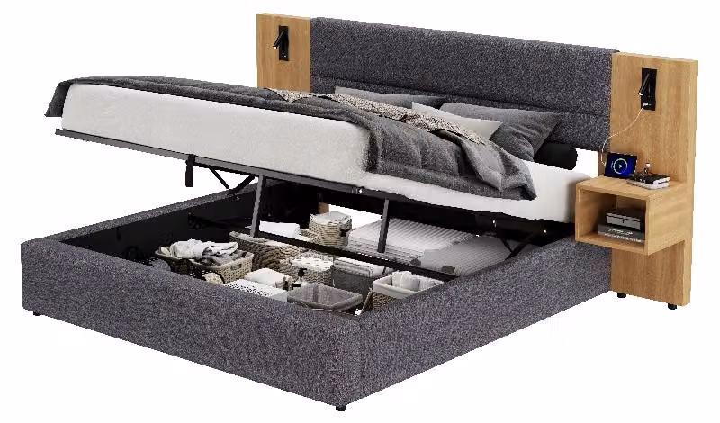 Letto imbottito 180x200 cm, grigio, rivestito in velluto, con sistema di sollevamento idraulico per lo stoccaggio, dotato di presa USB e 2 comodini, ideale per la camera da letto