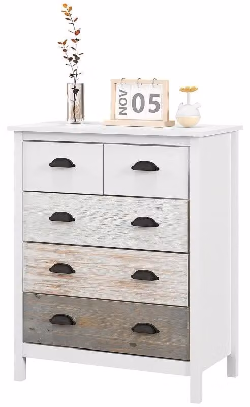 Comodino con 5 cassetti - Comodino | Colore: Bianco + Marrone scuro | Dimensioni: 70x38x85 cm