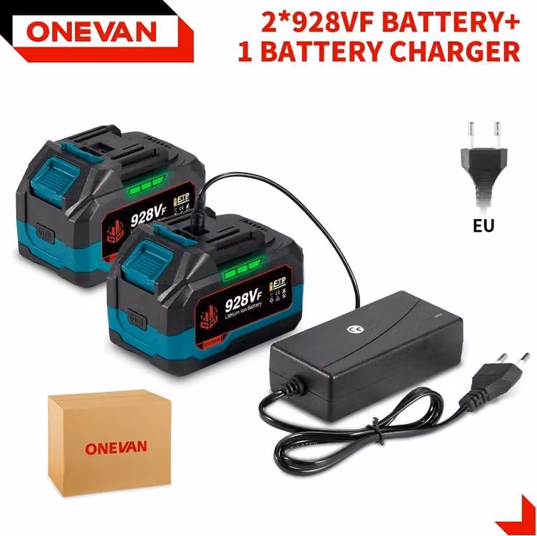 Set batteria agli ioni di litio da 18 V - Batteria per utensili 928VF - 2x22900 mAh - Con caricabatterie (1 spina) - Per utensili a batteria, avvitatori a impatto, motoseghe - Giallo