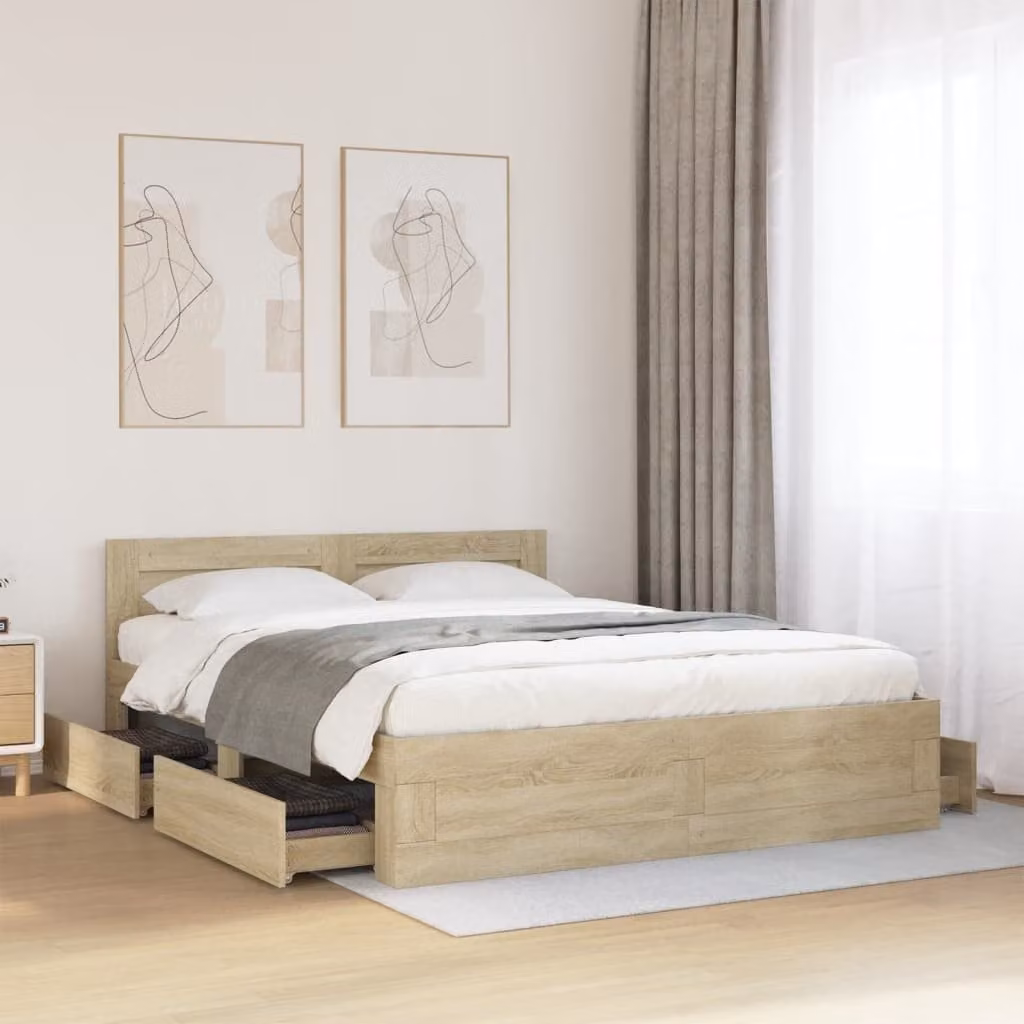 vidaXL Giroletto con Testiera in Legno Multistrato Rovere Sonoma, L/P/H: 160 x 200 x 69 cm – 1