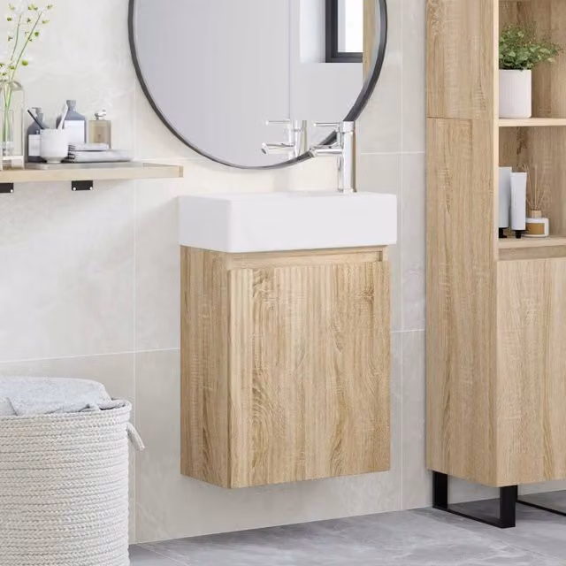 Mobile bagno sospeso vidaXL in rovere e bianco con lavabo in ceramica L: 45,5 cm, P: 22,5 cm, H: 84 cm – 1