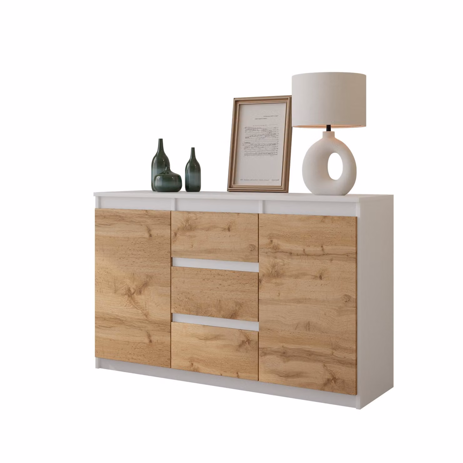 Comodà 120 cm bianco opaco / rovere Wotan, 3 cassetti, 2 ante, 2 ripiani, soggiorno