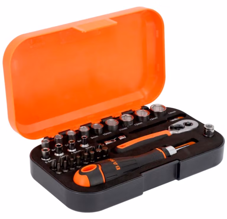 Set Bahco da 34 pezzi con chiavi a bussola e inserti - Chiavi da 1/4 di pollice | Acciaio al cromo-vanadio | Set di utensili professionali con cricchetto, chiavi a bussola e accessori | Ideale per i lavori.