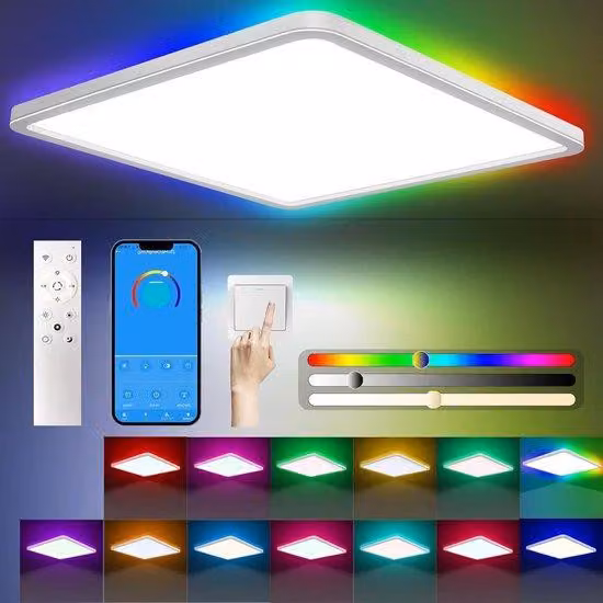 Lampada da soffitto telecomandata di forma quadrata, 24 W, 3200 lm, temperatura di colore regolabile da 3000 K a 6500 K, 13 colori, impermeabile, IP54, ideale per la camera da letto