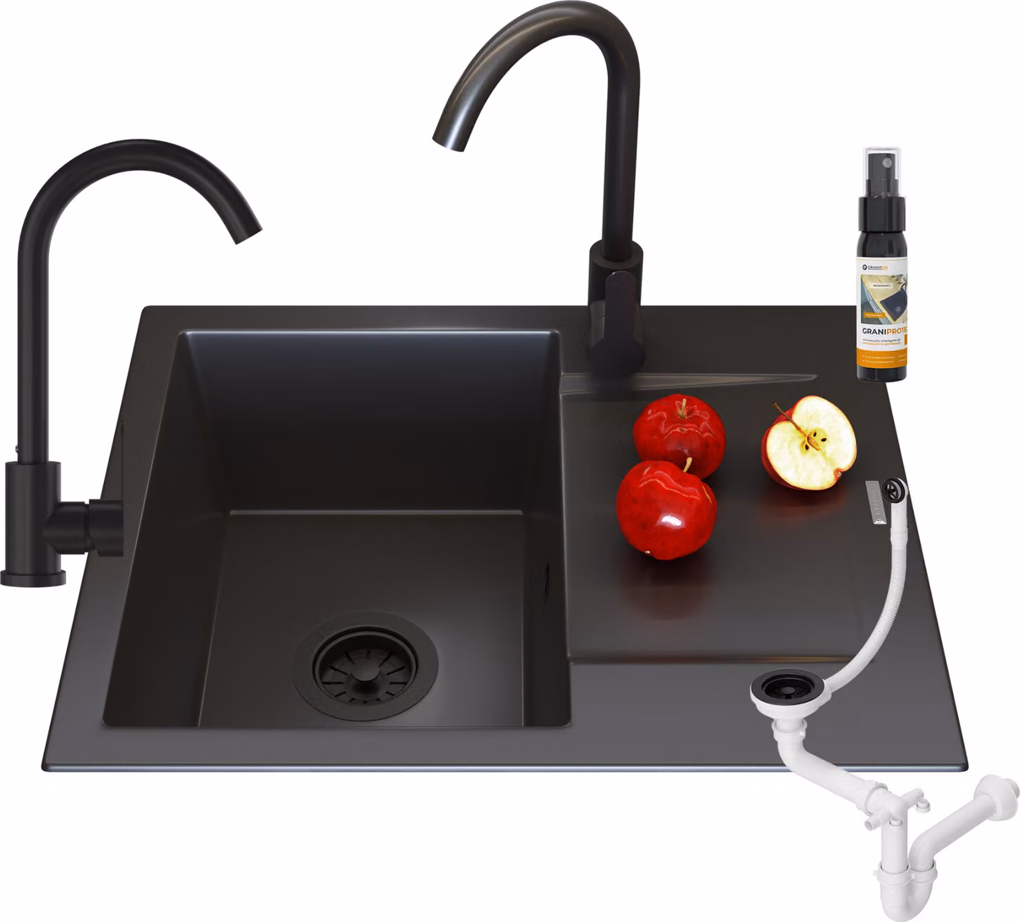 Granitan - Lavello in granito - Lavello da cucina - 46x57 cm - Nero - con rubinetteria PRESTIGE e scolapiatti - TOP